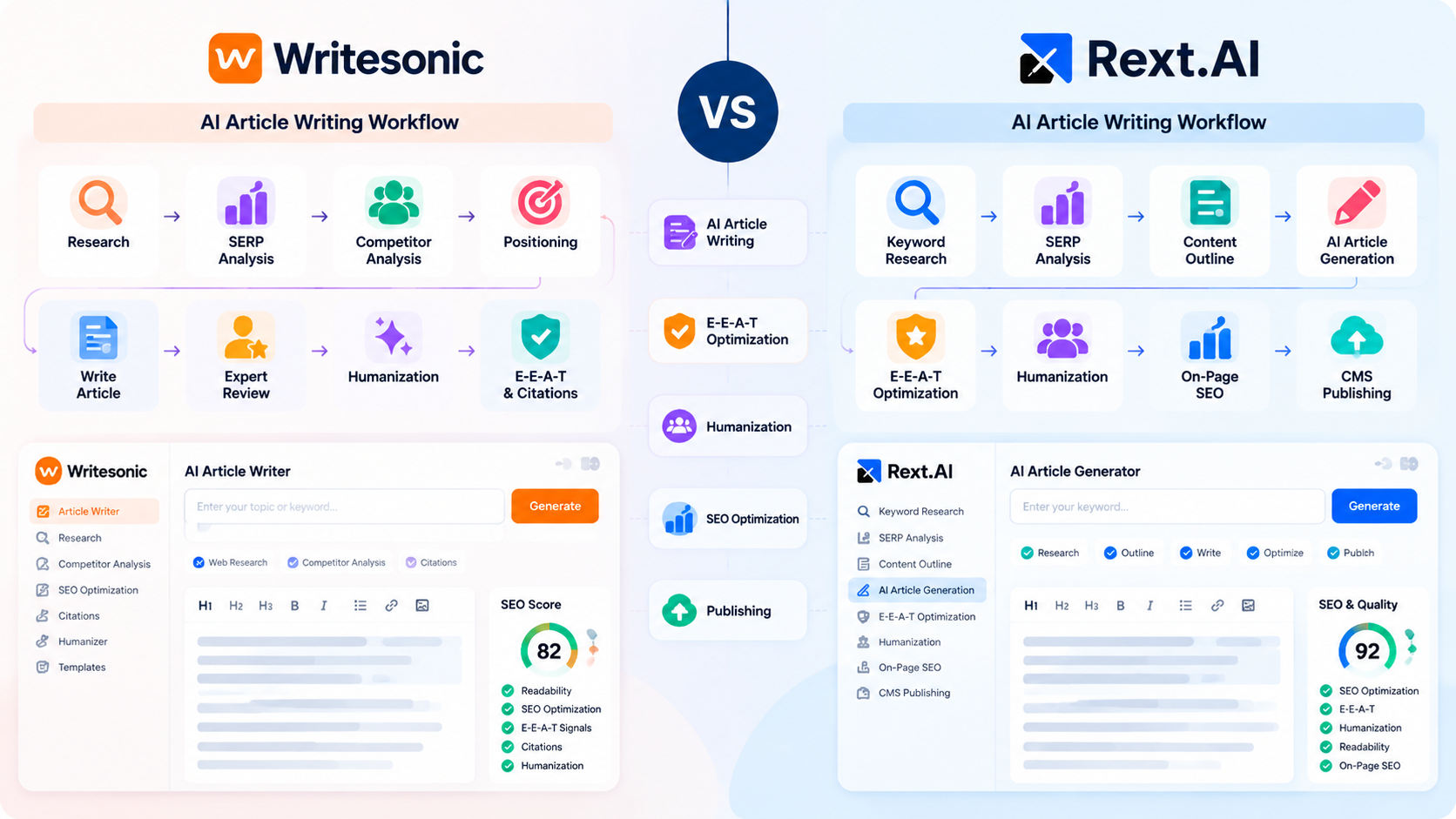 Rext AI vs Writesonic content workflow comparison showing keyword research, SERP analysis, AI article generation, optimization, and CMS publishing steps