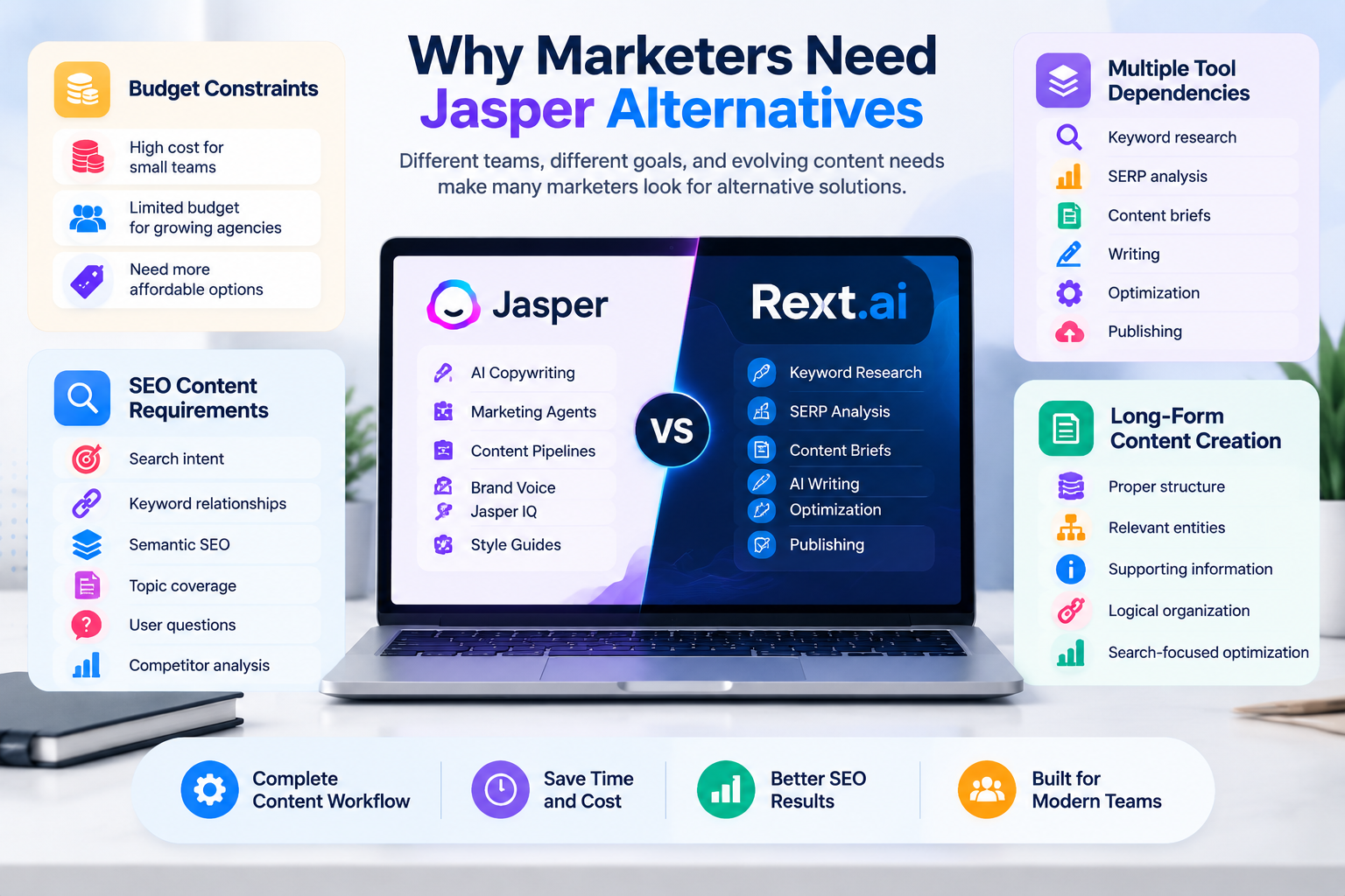 Jasper alternatives comparison showing Rext.AI AI writing, keyword research, SEO analysis, content briefs, and publishing features