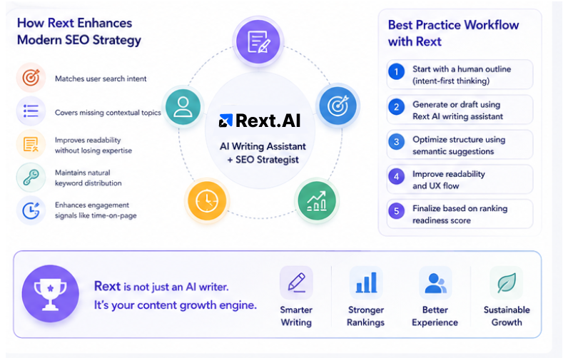 SEO writing assistant workflow showing search intent optimization, content readability, keyword optimization, and user experience improvements.