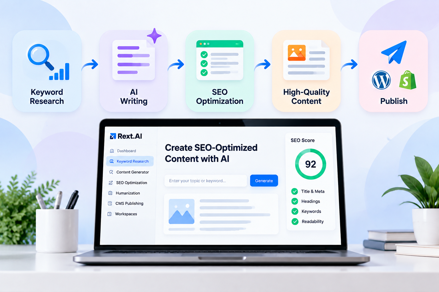 Rext AI SEO content creation platform with keyword research, AI writing, SEO optimization, high-quality content, and publishing tools  